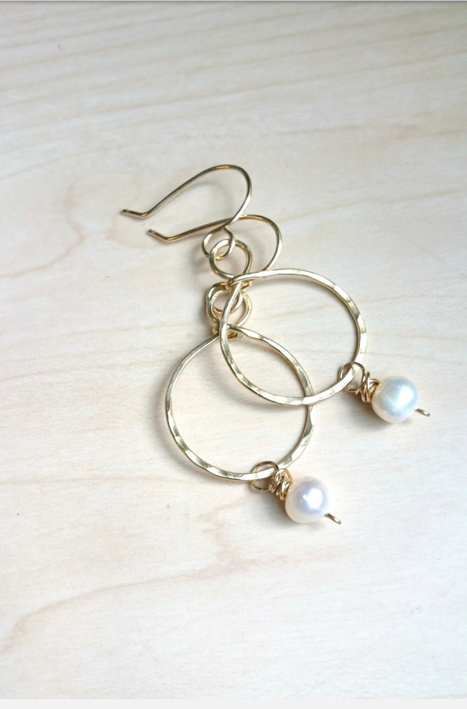 Hammered small gold hoops with freshwater pearls