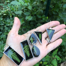 Load image into Gallery viewer, Black resin fern triangle earrings
