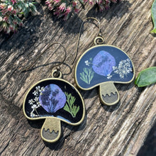 Load image into Gallery viewer, Botanical mushroom earrings with dried flowers, moody
