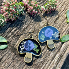 Load image into Gallery viewer, Botanical mushroom earrings with dried flowers, moody
