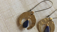 Load and play video in Gallery viewer, Hammered brass crescents with lapis teardrops
