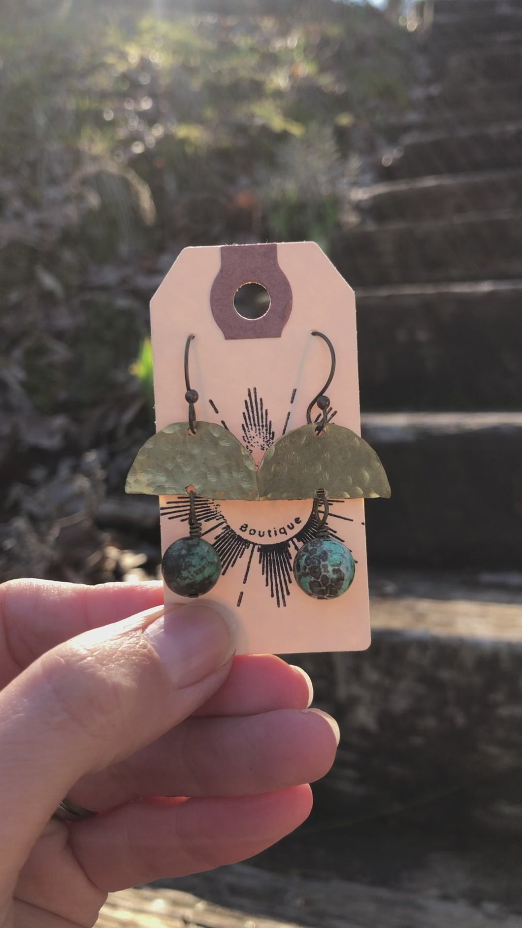 Hammered brass and stone earrings