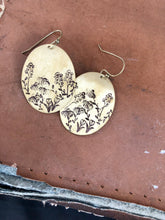 Load image into Gallery viewer, Large oval wildflower meadow stamped brass earrings
