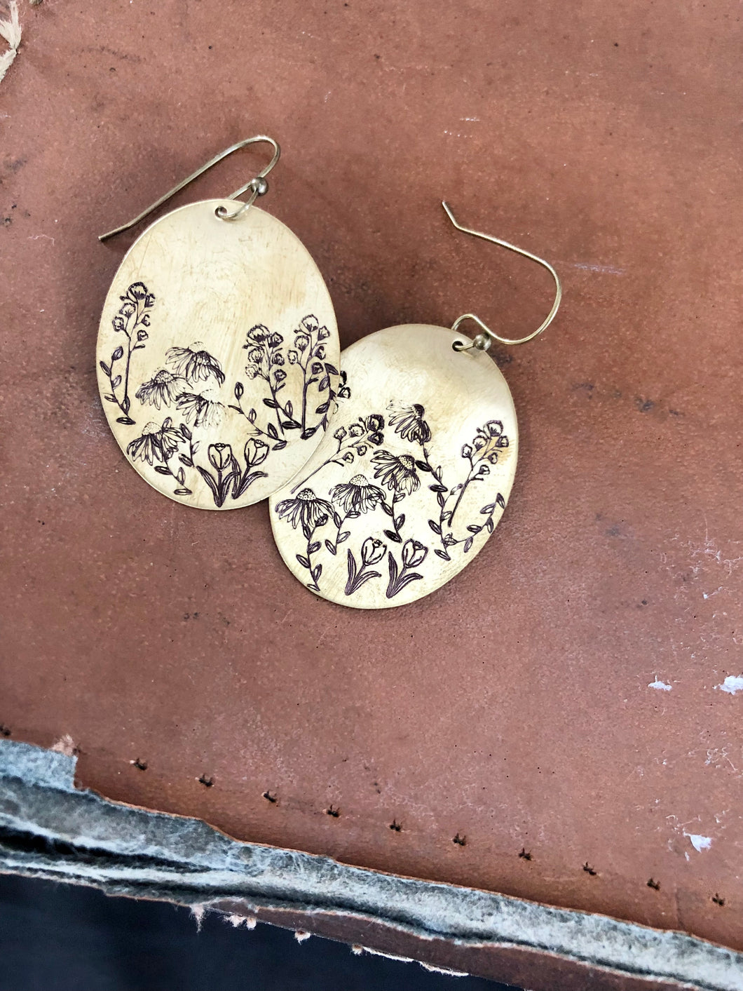 Large oval wildflower meadow stamped brass earrings