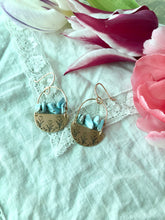 Load image into Gallery viewer, Brass stamped tulips and blue stone earrings
