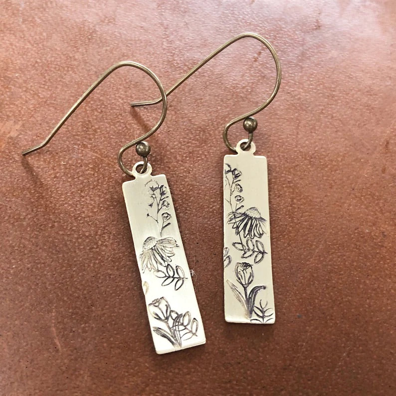 Brass wildflower earrings, hand stamped skinny rectangle