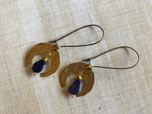 Load image into Gallery viewer, Hammered brass crescents with lapis teardrops
