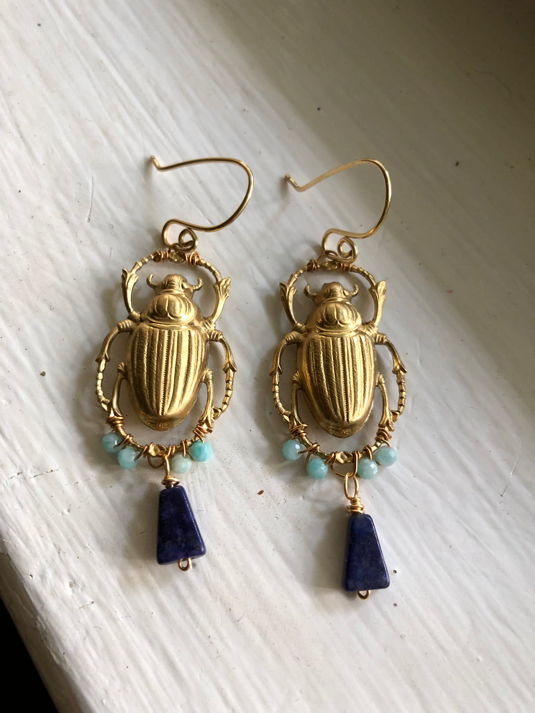 Golden scarab beetle with wire wrapped aventurine stones and lapis