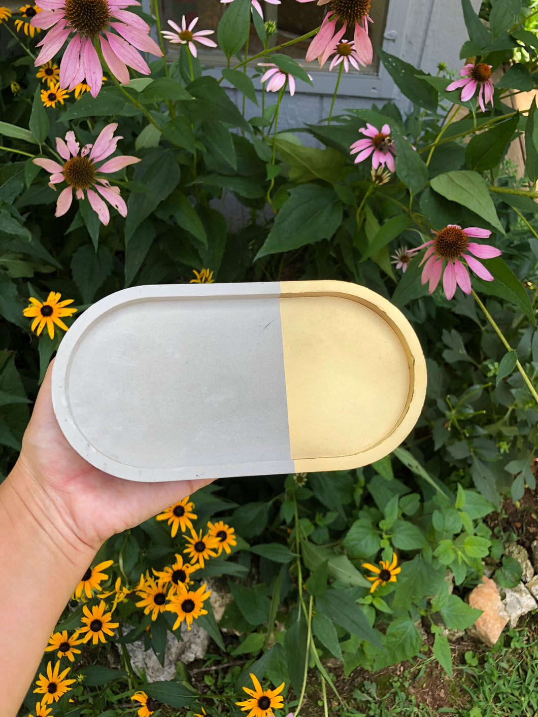 Concrete accessory tray with gold accent