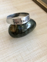 Load image into Gallery viewer, TAKE THE RISK OR LOSE THE CHANCE stamped silver cuff
