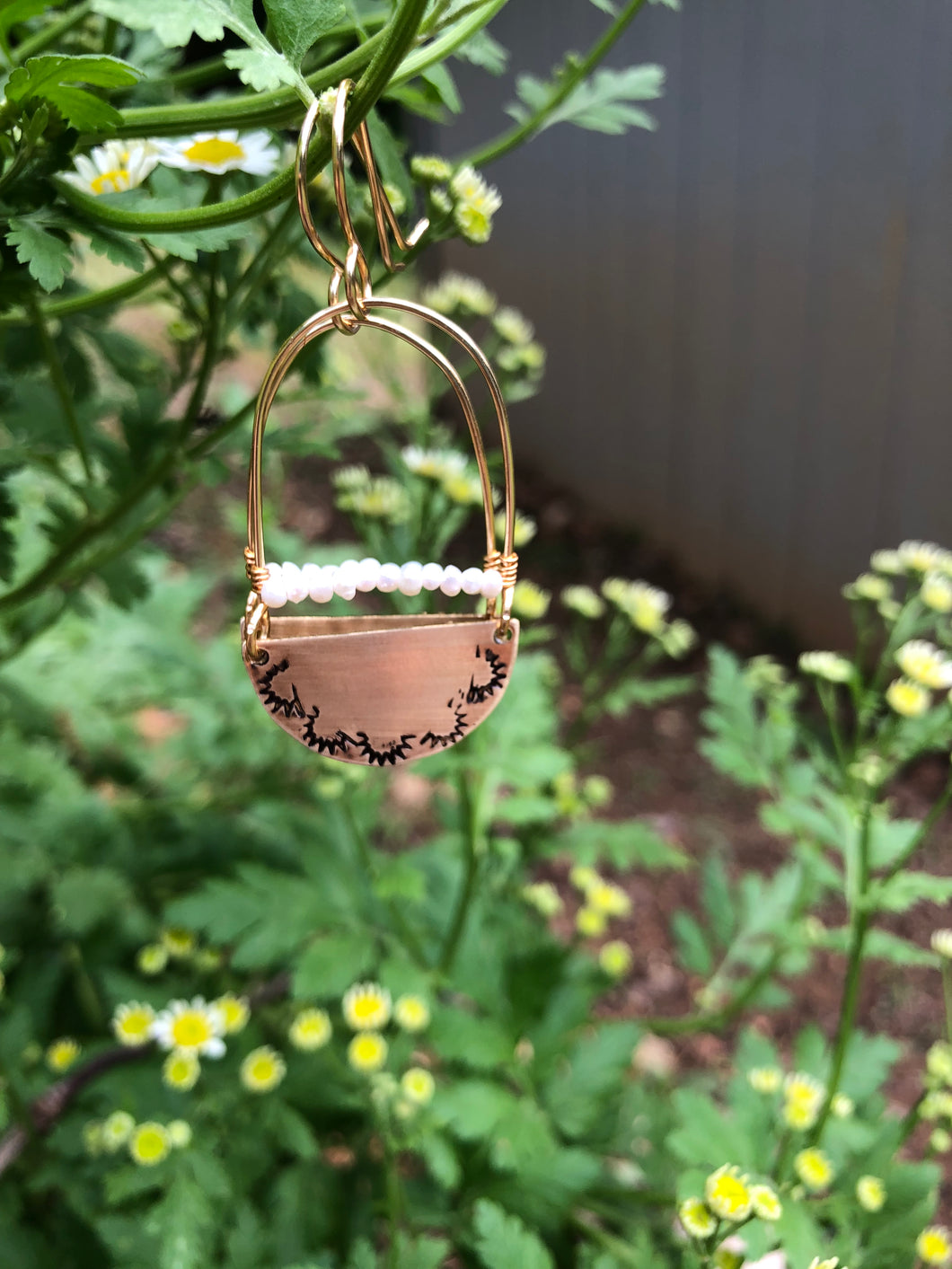 Hand stamped brass with freshwater pearls