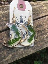 Load image into Gallery viewer, Resin earrings with dried ferns in a gold moon frame
