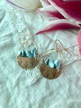 Load image into Gallery viewer, Brass stamped tulips and blue stone earrings
